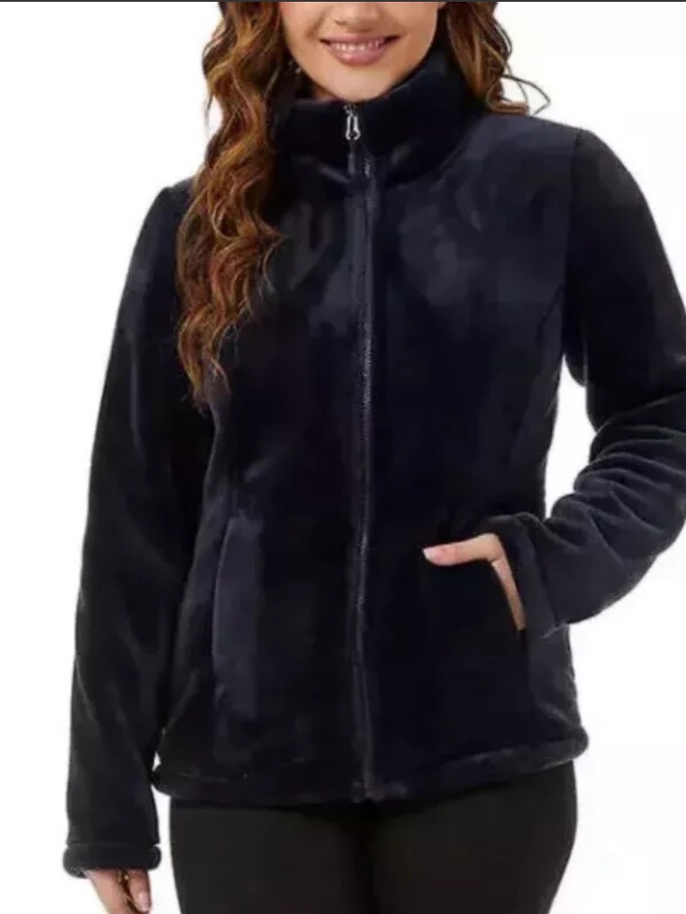32 Degrees Black Plush  Faux Fur Zip up Jacket High Collar inside pockets